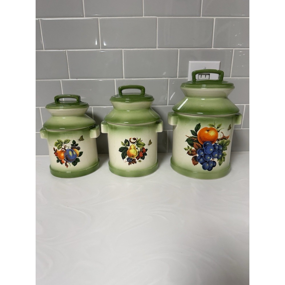 Vintage MCM Ceramic Canister Set Lot Milk Can Cookie Jar Fruit Green Framehouse